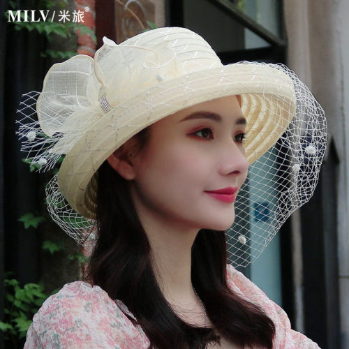 英伦复古网纱款沙滩防晒卷边帽子