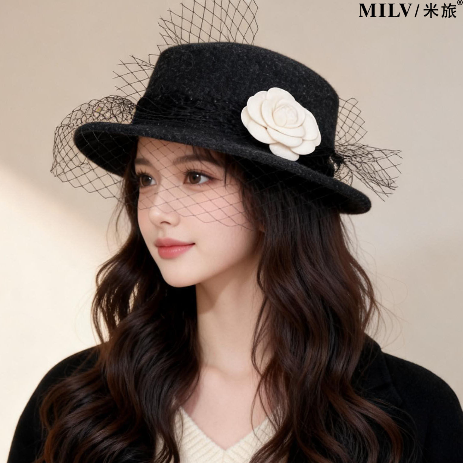 法式赫本山茶花网纱秋冬保暖礼帽