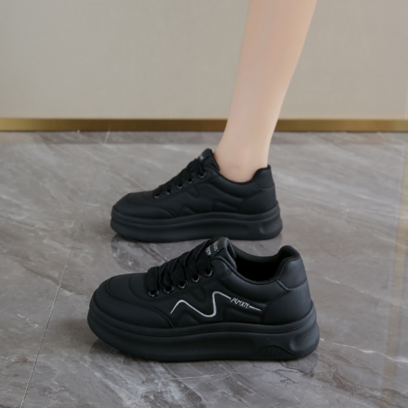 皮面运动板鞋黑色鞋子上班工作鞋