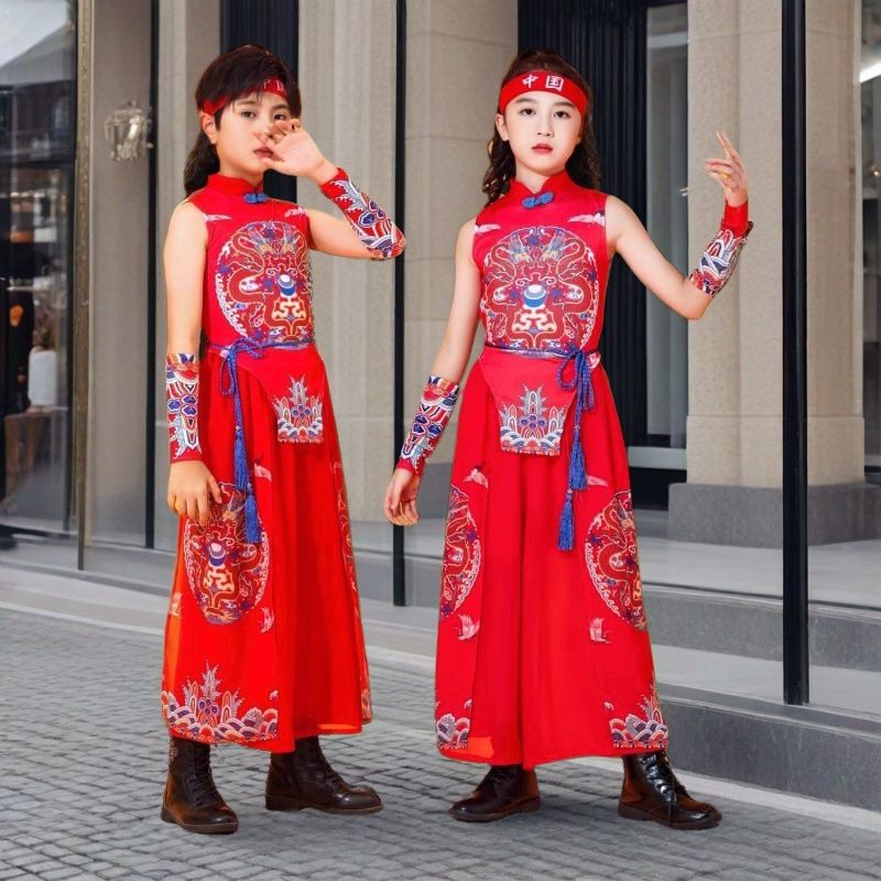 中国风醒狮红色演出服男女同款