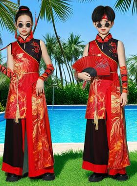 中国风儿童演出服红色凤凰龙纹图案舞蹈服喜庆表演套装男女同款