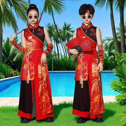 中国风儿童演出服红色凤凰龙纹图案舞蹈服喜庆表演套装男女同款