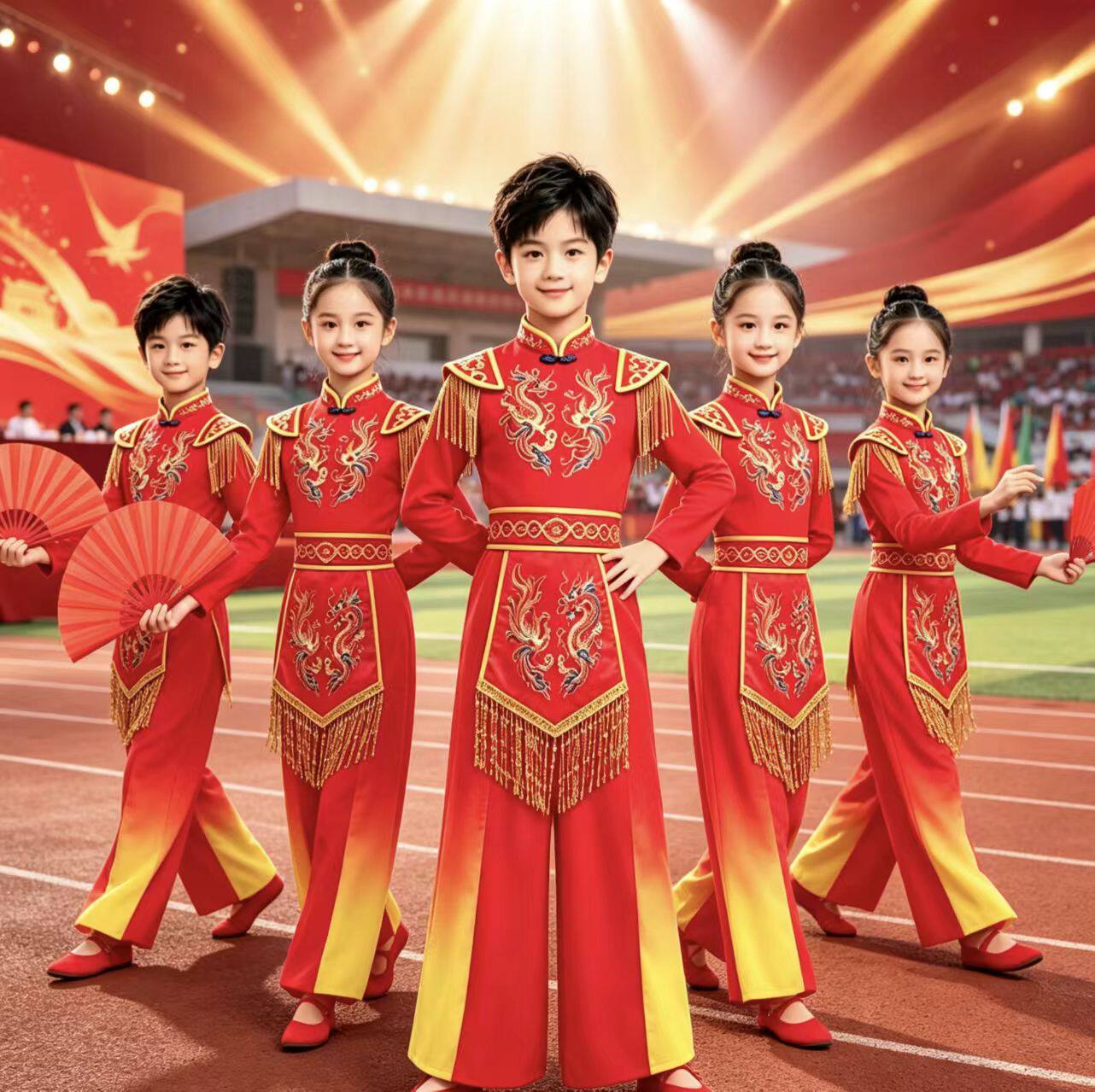 儿童中国风龙凤流苏打鼓演出服