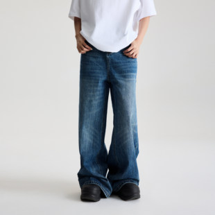 COLDSTONE 美式复古做旧设计感阔腿牛仔裤男女宽松痞帅直筒裤子