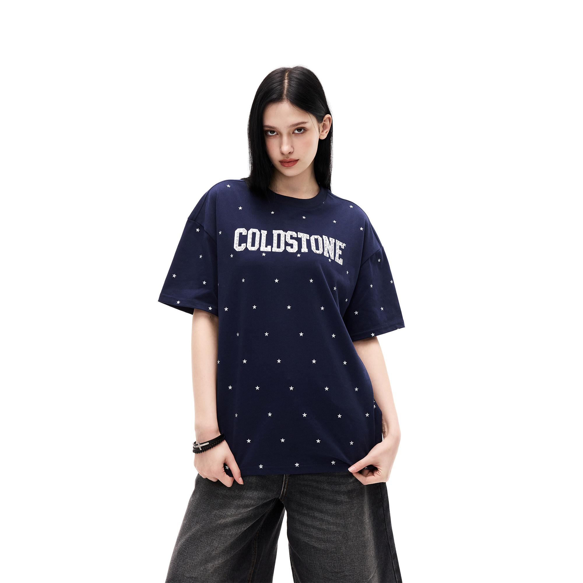 COLDSTONE 满天星印花字母刺绣水钻T恤男女宽松设计感短袖夏