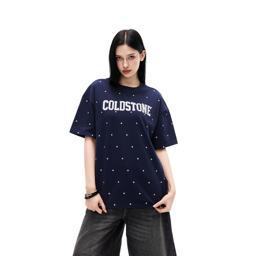 COLDSTONE 满天星印花字母刺绣水钻T恤男女宽松设计感短袖夏