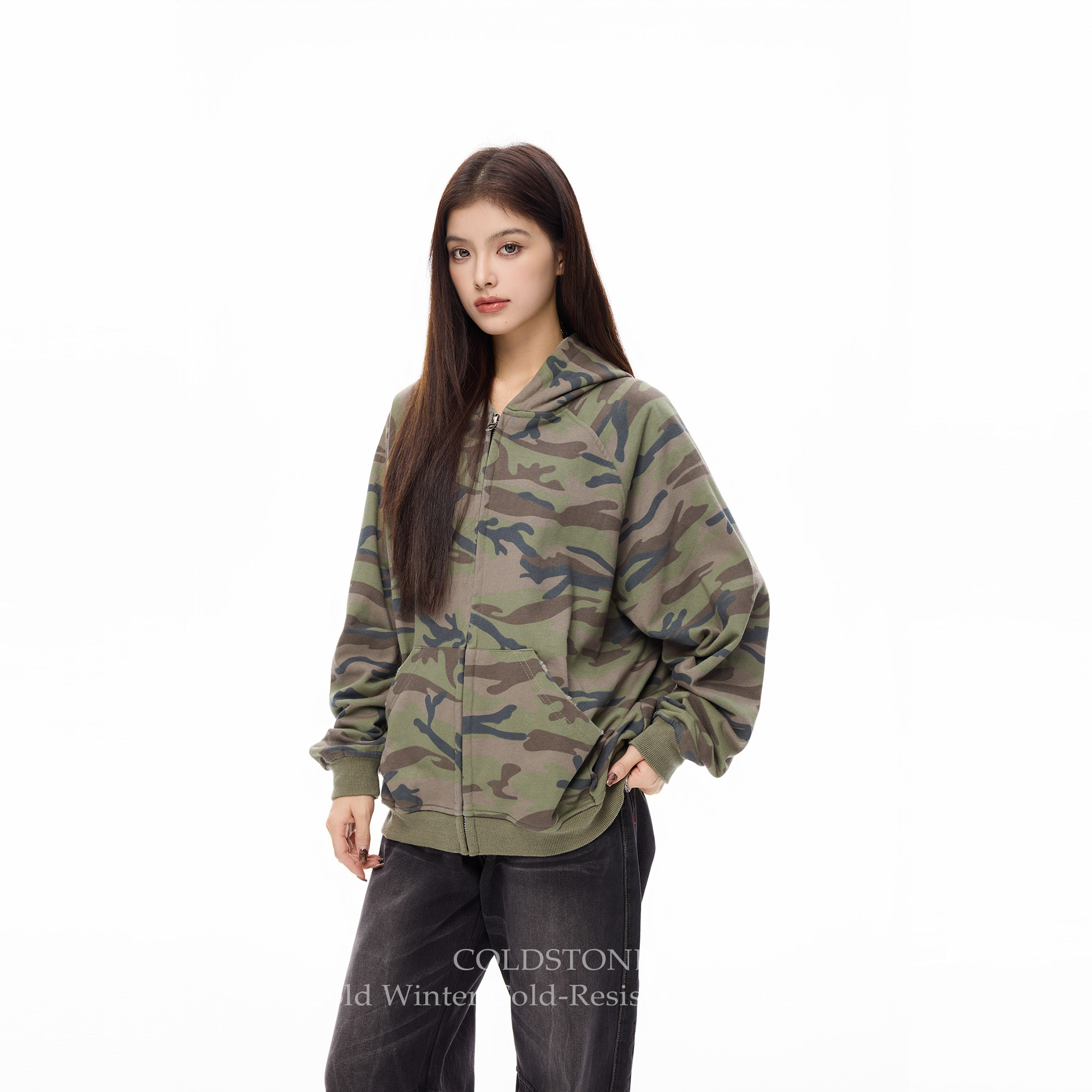 COLDSTONE  美式复古迷彩连帽外套男女秋季高级感宽松开衫卫衣
