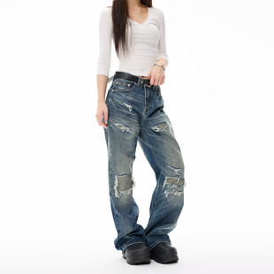 COLDSTONE 美式复古做旧水洗假破洞牛仔裤男女街头直筒潮流长裤