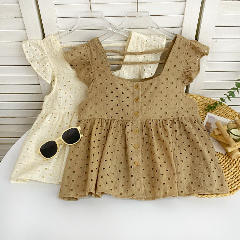 设计感别致方领飞飞袖镂空小个子宽松短款吊带背心娃娃衫上衣女