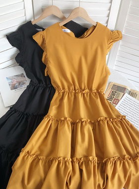 2022夏季新款甜美小清新圆领飞飞袖收腰显瘦木耳边A字连衣裙女