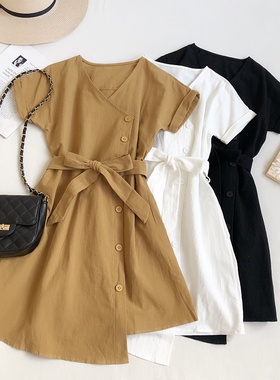 2020夏季新款韩版复古气质V领单排扣短袖收腰系带不规则连衣裙女