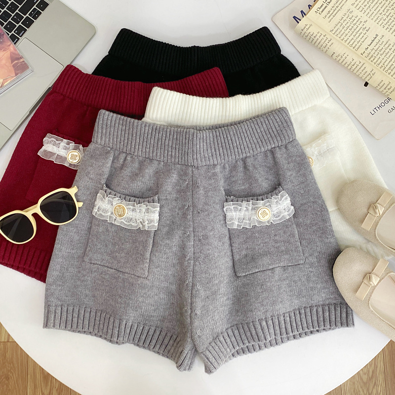 设计感百搭蕾丝花边双口袋高腰显瘦修身针织阔腿裤短裤女2025秋冬