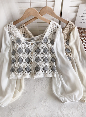 2022春夏新款方领镂空钩花设计感雪纺灯笼袖宽松短款衬衫上衣女