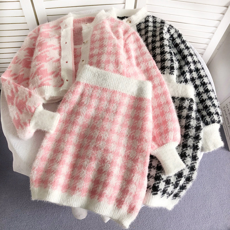 三件套小香风复古千鸟格针织外套+短款吊带+包臀半身裙短裙秋冬,女装/女士精品,时尚套装,淘宝优惠券,粉丝福利购,淘宝优惠卷