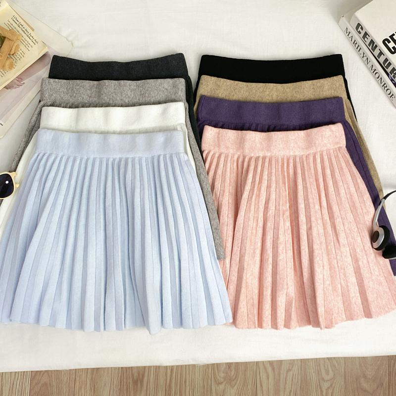 学院风高腰针织百褶半身裙短裙女
