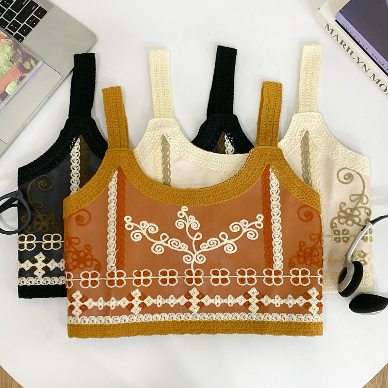 刺绣花朵PU皮短款外穿吊带背心女