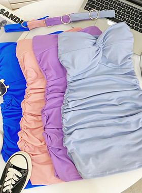 纯欲风挂脖抹胸连衣裙女2025夏季新款性感辣妹扭结带胸垫包臀短裙