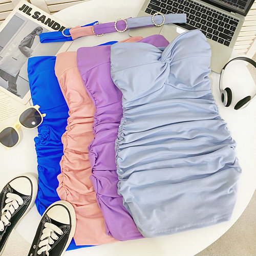 抹胸扭结褶皱带胸垫连衣裙+围脖