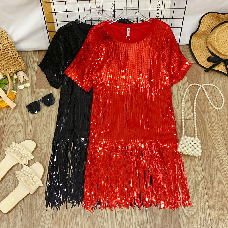 圆领亮片短袖下摆流苏连衣裙女