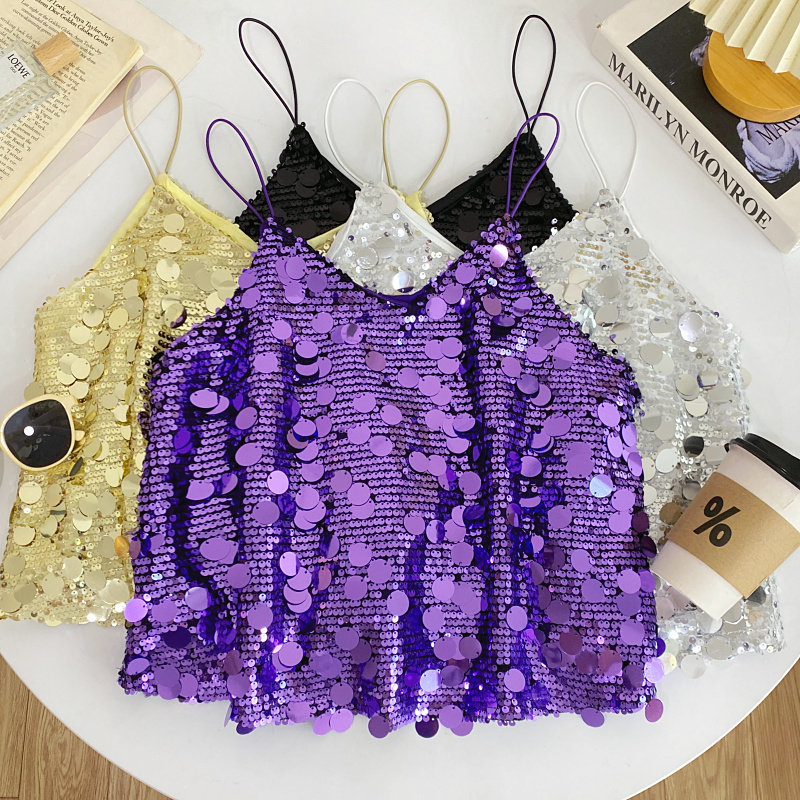 性感辣妹夜店风V领金色闪闪亮片无袖短款吊带背心上衣女2026春夏,女装/女士精品,背心吊带,淘宝优惠券,粉丝福利购,淘宝优惠卷