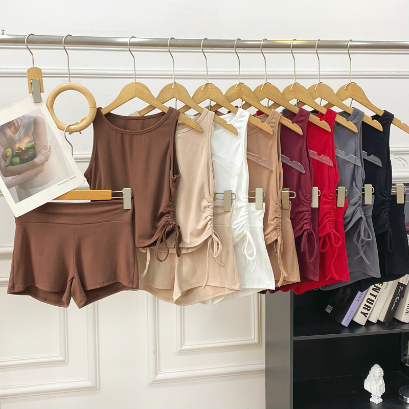 时尚百搭圆领抽绳无袖短款背心上衣+高腰显瘦紧身短裤两件套装女