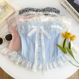 宫廷风甜美蝴蝶结绑带蕾丝边金属扣收腰抹胸背心上衣女春夏 法式