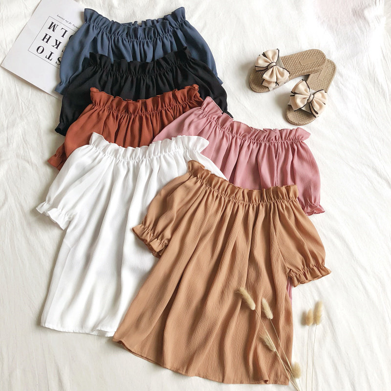 2019夏季韩版新款宽松百搭纯色木耳边短袖一字肩雪纺衬衫上衣女在类目 女装/女士精品, 衬衫中 - 来自Buy2taobao.com提供专业的淘宝代购服务