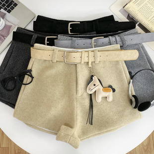 女秋冬新款 配腰带小马挂件 短裤 气质百搭高腰显瘦毛呢阔腿裤 时尚