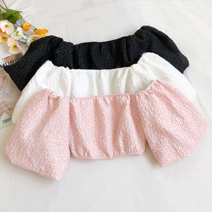 2021夏季新款度假风性感一字领露肩抹胸提花短款泡泡袖衬衫女