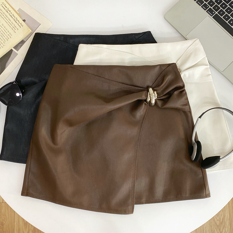 设计感高腰PU皮不规则半身裙女