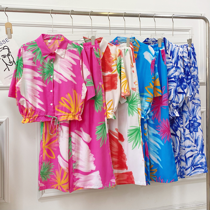 度假风印花短袖衬衫+阔腿裤套装