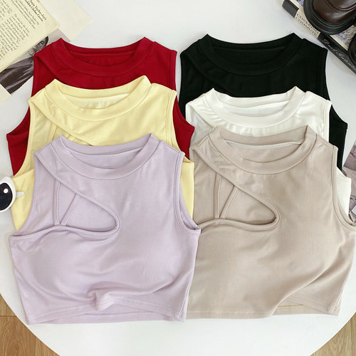 圆领无袖镂空短款背心上衣女