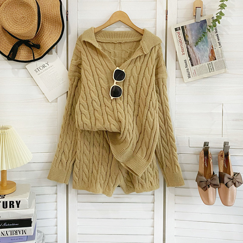 慵懒风翻领宽松长袖麻花针织毛衣上衣+松紧高腰短裤两件套装秋冬,女装/女士精品,时尚套装,淘宝优惠券,粉丝福利购,淘宝优惠卷