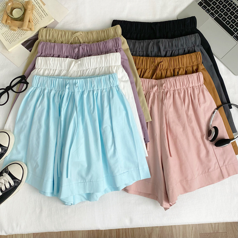简约百搭抽绳松紧腰糖果色外穿薄款休闲阔腿裤短裤女2025夏季新款