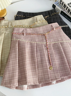 甜美chic小香风格纹百褶短裙春夏新款高腰A字防走光半身裙配腰带