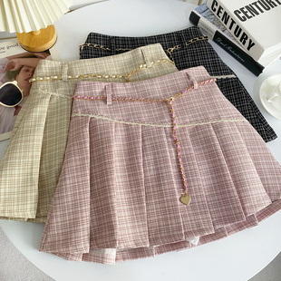 甜美chic小香风格 高腰A字防走光半身裙配腰带 纹百褶短裙春夏新款