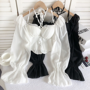 喇叭袖 百搭修身 雪纺上衣女带胸垫 2022早秋新款 一字领露肩系带衬衫