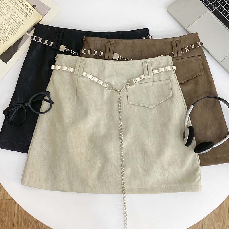 配链条PU皮高腰防走光半身裙短裙