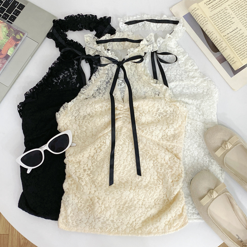 挂脖露背短款无袖蕾丝背心女