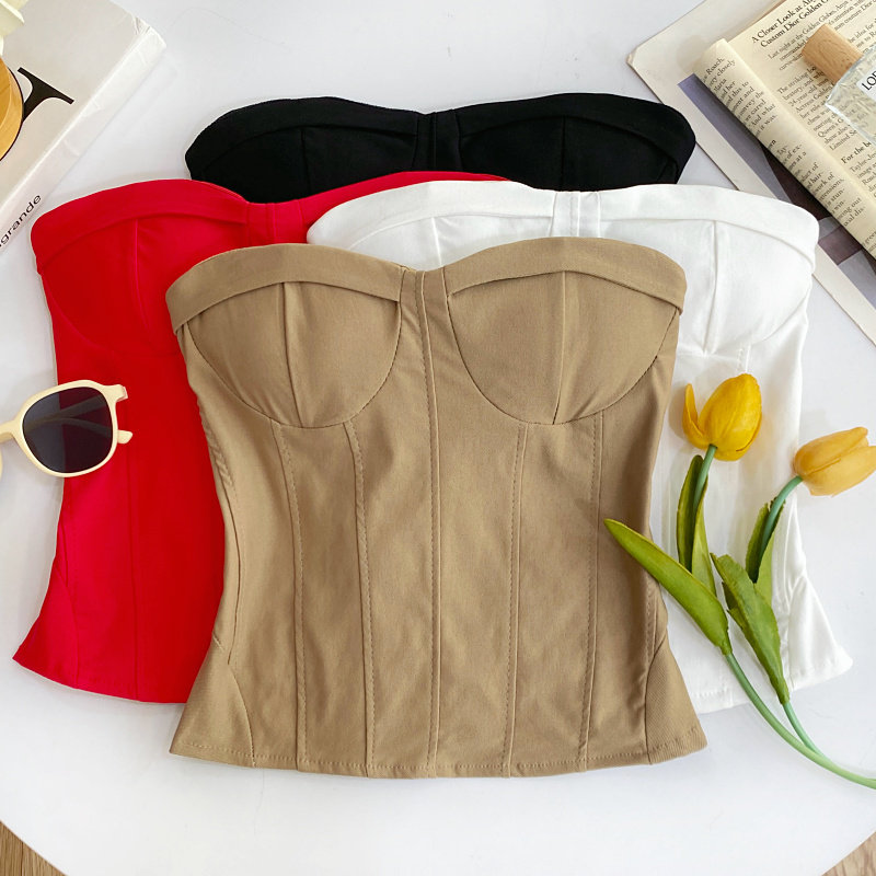 性感百搭带胸垫抹胸吊带女春夏韩系新款气质收腰显瘦露肩短款上衣,女装/女士精品,背心吊带,淘宝优惠券,粉丝福利购,淘宝优惠卷