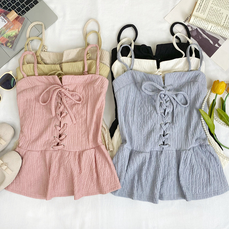 2025夏季新款时尚百搭交叉绑带荷叶边下摆短款吊带背心上衣女