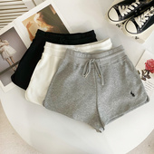 韩版 新款 时尚 2024夏季 百搭休闲抽绳刺绣小马松紧腰阔腿短裤 女