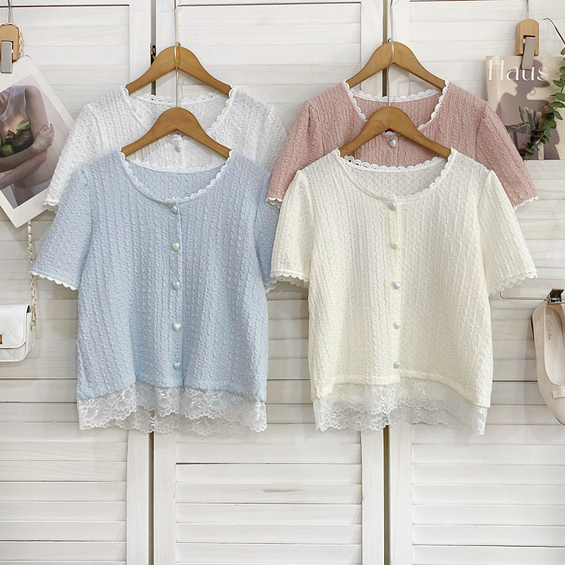 设计感圆领褶皱拼接蕾丝边衬衫女