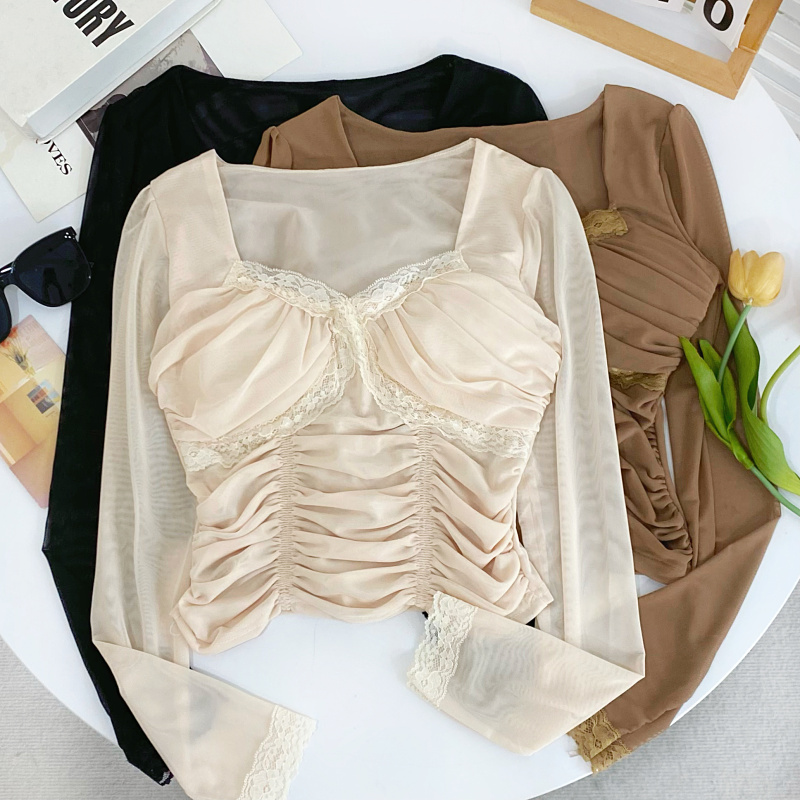 长袖纯欲风方领褶皱网纱T恤