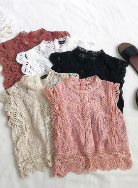 2019夏季新款气质优雅超仙圆领蕾丝镂空无袖修身短款背心上衣女