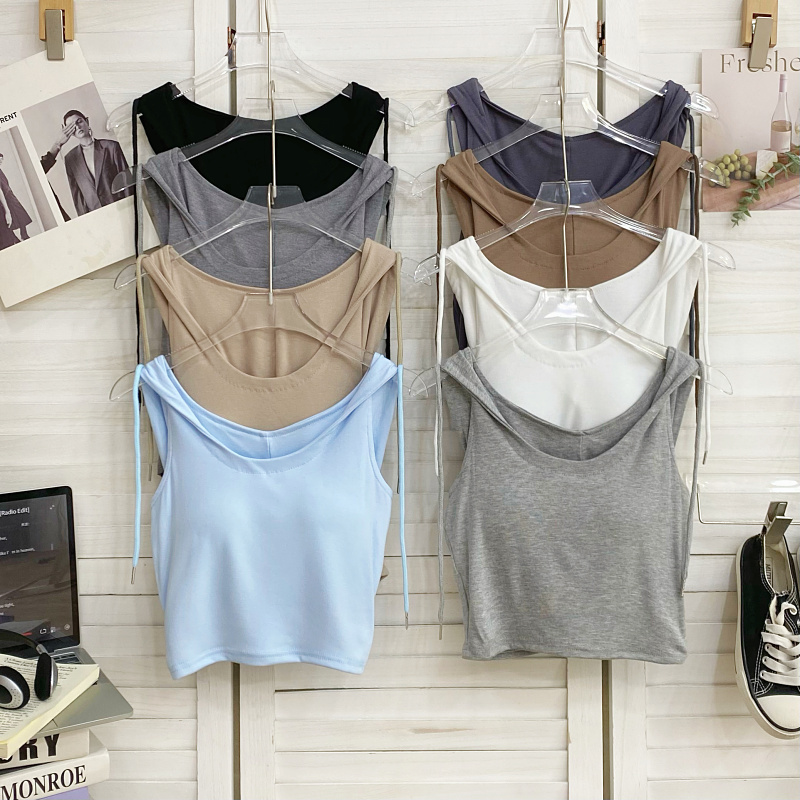 连帽露背无袖短款背心上衣女
