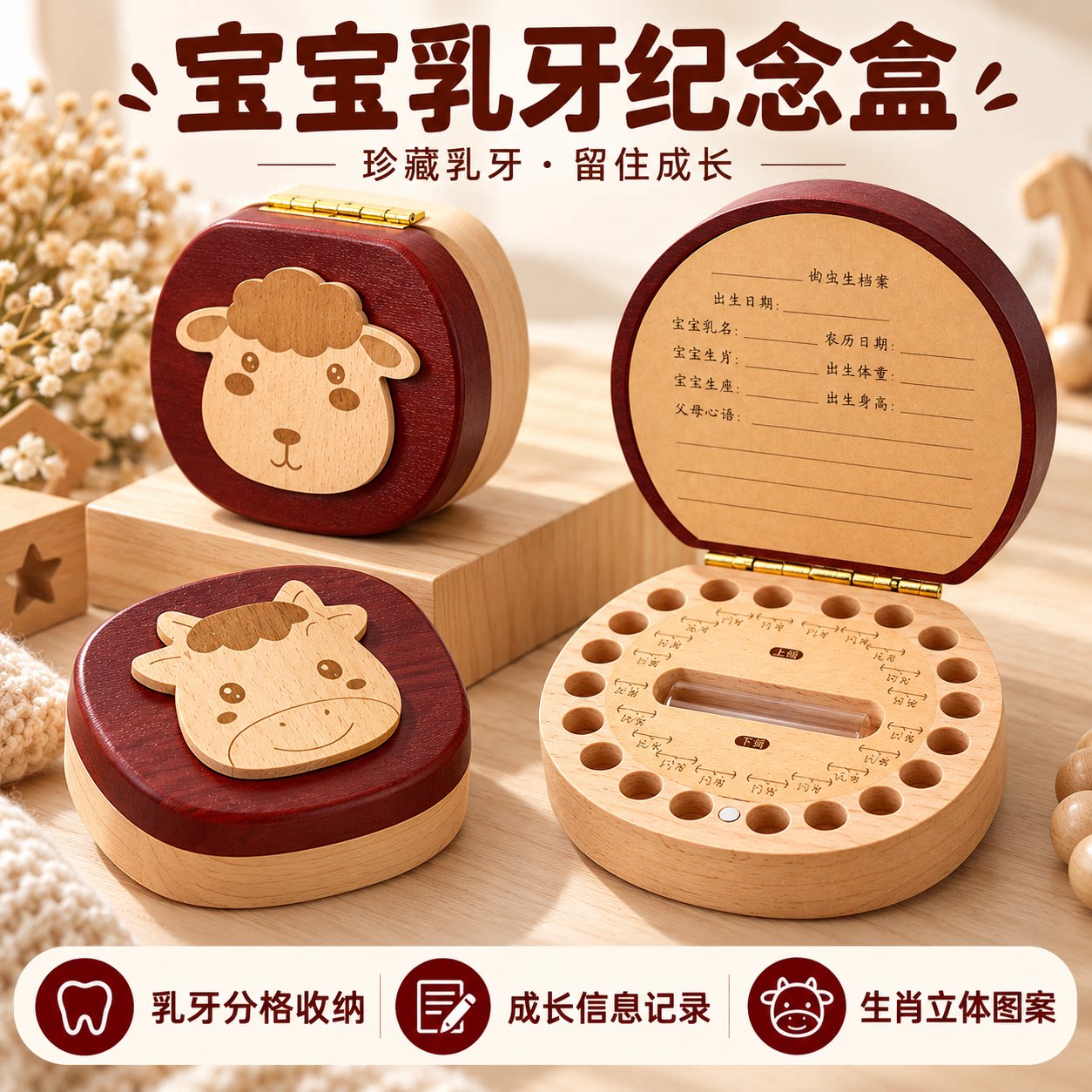 儿童乳牙收纳盒男孩女孩换牙齿纪念盒木质防氧化掉牙宝宝收藏盒