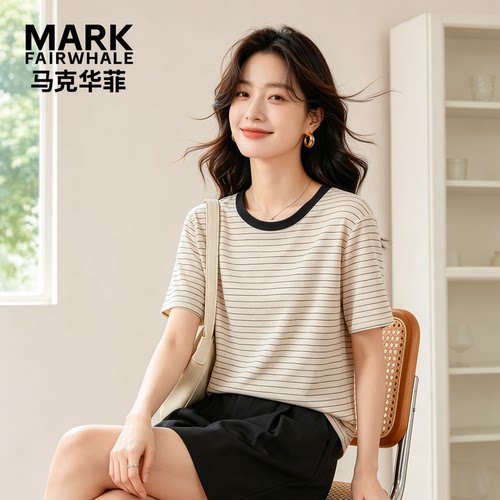 马克华菲条纹T恤女夏季圆领宽松显瘦百搭休闲短袖上衣YB73112081