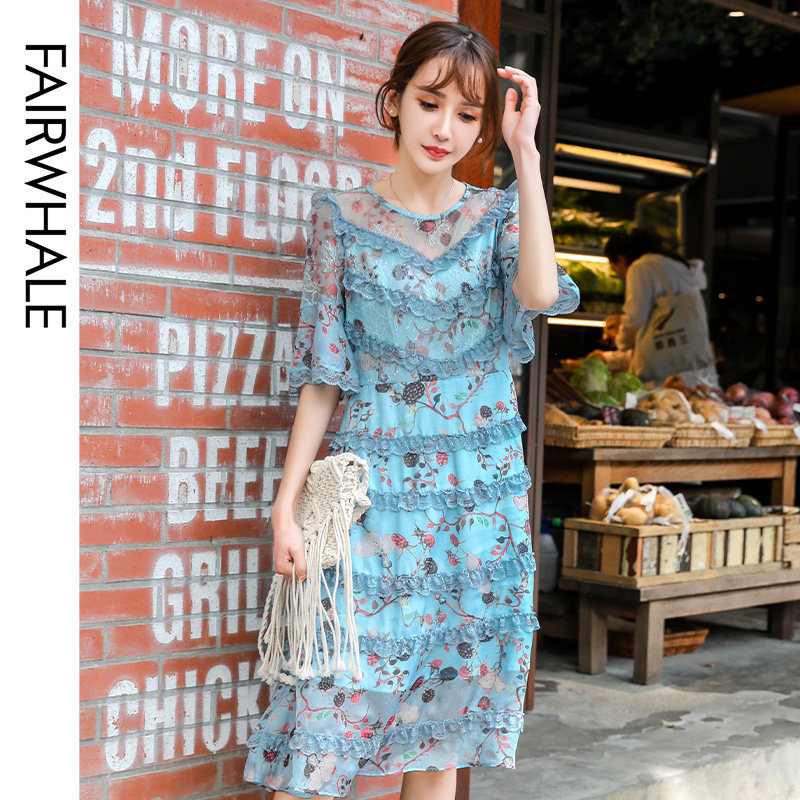 马克华菲女装清新连衣裙女夏2020新款蕾丝拼接蛋糕裙甜美草莓裙