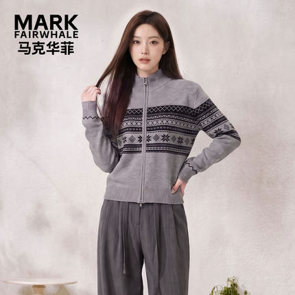 马克华菲费尔岛毛衣外套女开衫秋冬复古加厚高领针织衫保暖毛衣HE